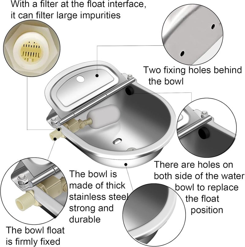 Piwerod Automatic Livestock Water Bowl-304 Stainless Steel Water Bowl with Dual Float Valves, 39 inch Water Hose, Quick Hose Connector, Pet & Livestock Drinking Trough for Dogs, Horses, Cattle, Goats - Image 3